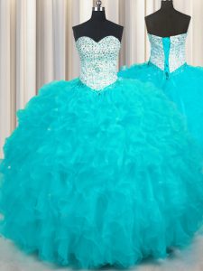 Spectacular Aqua Blue Ball Gowns Sweetheart Sleeveless Tulle Floor Length Lace Up Beading and Ruffles 15 Quinceanera Dre