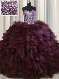 Visible Boning Brush Train Burgundy Ball Gowns Beading and Ruffles Vestidos de Quinceanera Lace Up Organza Sleeveless Wi