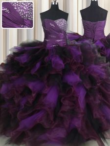 Hot Sale Purple Sleeveless Floor Length Beading and Ruffles and Ruffled Layers Lace Up Quinceanera Dresses