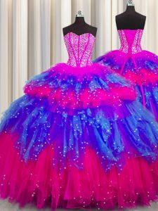 Designer Bling-bling Visible Boning Floor Length Multi-color Quinceanera Gowns Tulle Sleeveless Beading and Ruffles and 