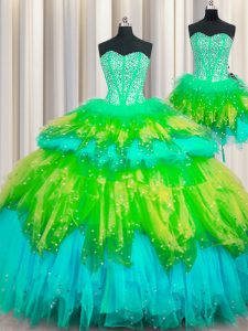 Fabulous Three Piece Visible Boning Tulle Sleeveless Floor Length Sweet 16 Dresses and Beading and Ruffles and Ruffled L