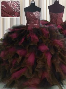Fabulous Sweetheart Sleeveless 15th Birthday Dress Floor Length Beading and Ruffles and Ruffled Layers Wine Red Organza 