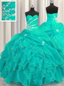 Customized Organza Sweetheart Sleeveless Lace Up Beading and Appliques and Ruffles 15 Quinceanera Dress in Turquoise