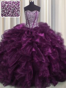 Visible Boning Brush Train Dark Purple Sleeveless With Train Beading and Ruffles Lace Up 15 Quinceanera Dress