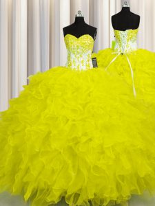 Popular Yellow Sleeveless Organza Lace Up 15th Birthday Dress for Military Ball and Sweet 16 and Quinceanera