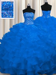 Organza Strapless Sleeveless Sweep Train Lace Up Beading and Ruffles Sweet 16 Dresses in Royal Blue