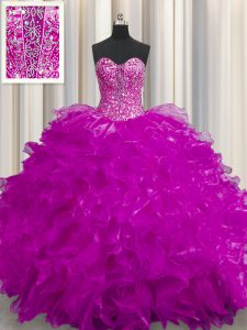 See Through Fuchsia Organza Lace Up Sweet 16 Quinceanera Dress Sleeveless Floor Length Beading and Ruffles