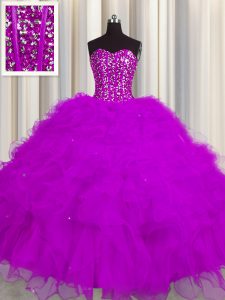 Visible Boning Fuchsia Sleeveless Beading and Ruffles and Sequins Floor Length 15th Birthday Dress