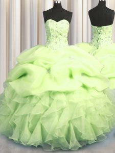 Clearance Visible Boning Organza Sweetheart Sleeveless Lace Up Beading and Ruffles and Pick Ups 15th Birthday Dress in Y