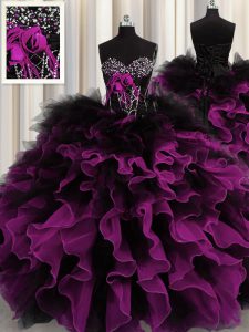 Custom Designed Sleeveless Floor Length Beading and Ruffles Lace Up Quinceanera Gown with Multi-color