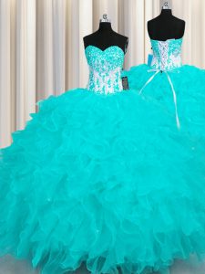 Most Popular Aqua Blue Organza Lace Up Sweet 16 Quinceanera Dress Sleeveless Floor Length Appliques and Ruffles