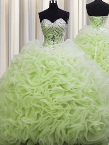 Dramatic Brush Train Yellow Green Ball Gowns Fabric With Rolling Flowers Sweetheart Sleeveless Beading and Pick Ups Floo