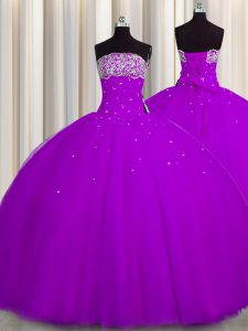 Suitable Really Puffy Sleeveless Floor Length Beading and Sequins Lace Up Vestidos de Quinceanera with Purple