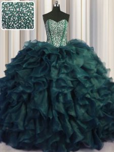 New Style Visible Boning Bling-bling Peacock Green Ball Gowns Organza Sweetheart Sleeveless Beading and Ruffles With Tra