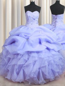 Spectacular Visible Boning Sleeveless Floor Length Beading and Ruffles Lace Up Quinceanera Dress with Lavender