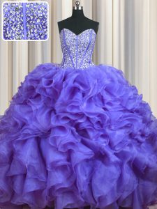Bling-bling Lavender Organza Lace Up Sweetheart Sleeveless With Train Sweet 16 Dress Brush Train Beading and Ruffles