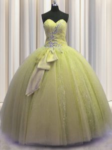 Sequins Bowknot Sweetheart Sleeveless Lace Up 15th Birthday Dress Light Yellow Tulle