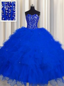 Shining Visible Boning Tulle Sleeveless Floor Length Sweet 16 Dresses and Beading and Ruffles and Sequins