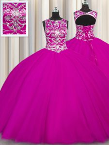 Attractive Scoop Floor Length Lace Up Sweet 16 Dresses Fuchsia for Military Ball and Sweet 16 and Quinceanera with Beadi