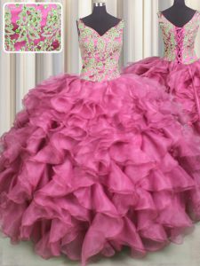 V Neck Rose Pink Sleeveless Beading and Ruffles Floor Length Quinceanera Dresses