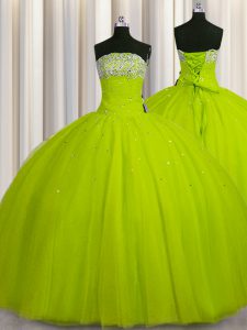 Big Puffy Sleeveless Lace Up Floor Length Beading and Sequins Ball Gown Prom Dress