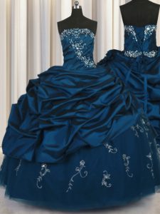 Sleeveless Floor Length Beading and Appliques and Embroidery and Pick Ups Lace Up Vestidos de Quinceanera with Teal