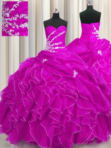 High Quality Organza Sweetheart Sleeveless Lace Up Beading and Appliques and Ruffles Quince Ball Gowns in Fuchsia