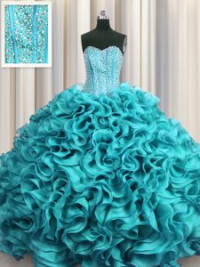 High End Visible Boning Aqua Blue Ball Gowns Sweetheart Sleeveless Organza Floor Length Lace Up Beading and Ruffles Vest