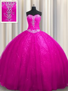 Simple Tulle and Sequined Sweetheart Sleeveless Court Train Lace Up Beading and Appliques 15 Quinceanera Dress in Fuchsi