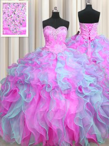 Sleeveless Lace Up Floor Length Beading and Appliques and Ruffles Vestidos de Quinceanera