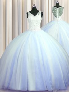 Best Selling See Through Zipper Up Beading and Appliques Quince Ball Gowns Light Blue Zipper Sleeveless With Brush Train