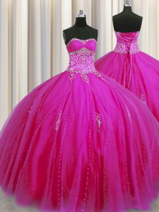 Really Puffy Sweetheart Sleeveless Lace Up Ball Gown Prom Dress Fuchsia Tulle