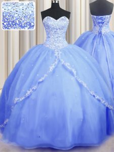 Comfortable Baby Blue Lace Up Quinceanera Dresses Beading and Appliques Sleeveless With Brush Train