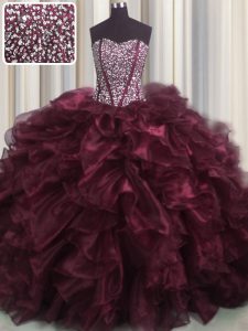 Beauteous Visible Boning Bling-bling Burgundy Organza Lace Up Sweetheart Sleeveless With Train Ball Gown Prom Dress Brus