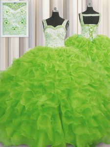 Floor Length Lace Up Quince Ball Gowns Yellow Green for Military Ball and Sweet 16 and Quinceanera with Beading and Ruff