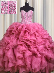 Inexpensive Visible Boning Bling-bling Sleeveless Organza With Brush Train Lace Up Ball Gown Prom Dress in Rose Pink wit