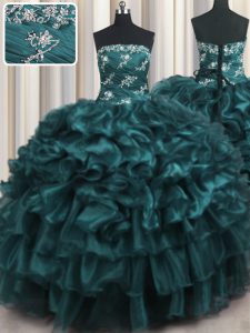 Floor Length Navy Blue Quinceanera Gowns Organza Sleeveless Appliques and Ruffles and Ruffled Layers
