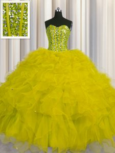 Superior Visible Boning Yellow Ball Gowns Tulle Sweetheart Sleeveless Beading and Ruffles and Sequins Floor Length Lace 