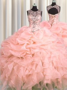 Custom Designed Scoop See Through Organza Sleeveless Floor Length Quinceanera Gowns and Beading and Ruffles and Pick Ups