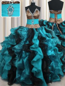 Flare Leopard Two Tone Multi-color Lace Up V-neck Beading and Ruffles 15 Quinceanera Dress Organza Sleeveless