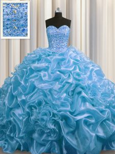 Pick Ups Floor Length Ball Gowns Sleeveless Baby Blue Quinceanera Dress Court Train Lace Up