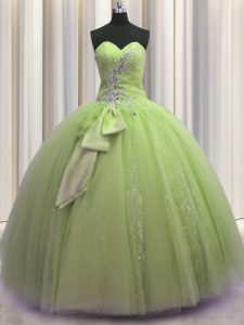 Sweetheart Sleeveless Tulle Quinceanera Gowns Beading and Sequins and Bowknot Lace Up