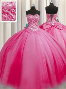 Great Big Puffy Beading Quinceanera Gowns Rose Pink Lace Up Sleeveless Floor Length