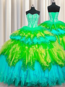 Excellent Bling-bling Visible Boning Sweetheart Sleeveless Lace Up 15th Birthday Dress Multi-color Tulle