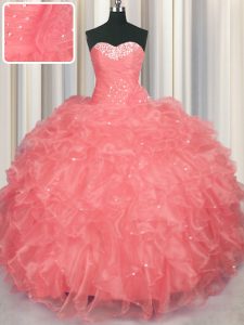 Sweetheart Sleeveless Lace Up Quinceanera Dress Watermelon Red Organza