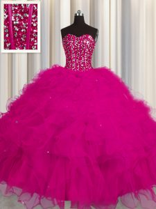 Visible Boning Fuchsia Ball Gowns Tulle Sweetheart Sleeveless Beading and Ruffles and Sequins Floor Length Lace Up 15th 