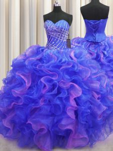 Glittering Sleeveless Lace Up Floor Length Beading and Ruffles Quinceanera Dress