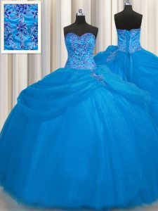 Really Puffy Blue Ball Gowns Beading 15th Birthday Dress Lace Up Tulle Sleeveless Floor Length