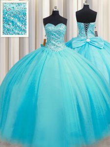 Exceptional Puffy Skirt Baby Blue Lace Up Quinceanera Gowns Beading Sleeveless Floor Length