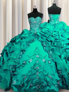 Custom Designed Sequins Taffeta Sleeveless Floor Length Quince Ball Gowns and Beading and Embroidery and Ruffles and Pic